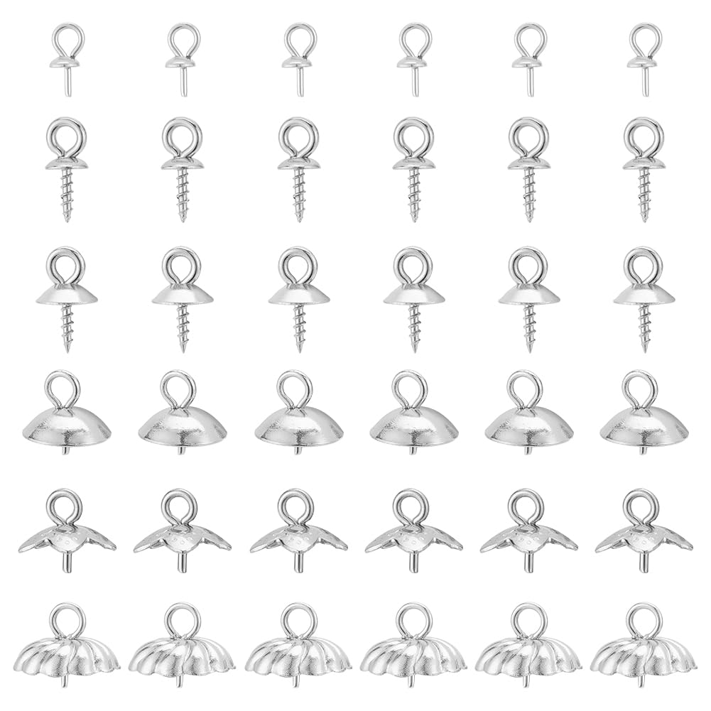 UNICRAFTALE 112Pcs 6 Styles Stainless Steel Screw Cup Pearl Peg Bails Flower Bead Caps Eye Pin Cup Peg Bails for Half Drilled Beads Charm Bails with Loop Pendant Connector for Jewelry Making