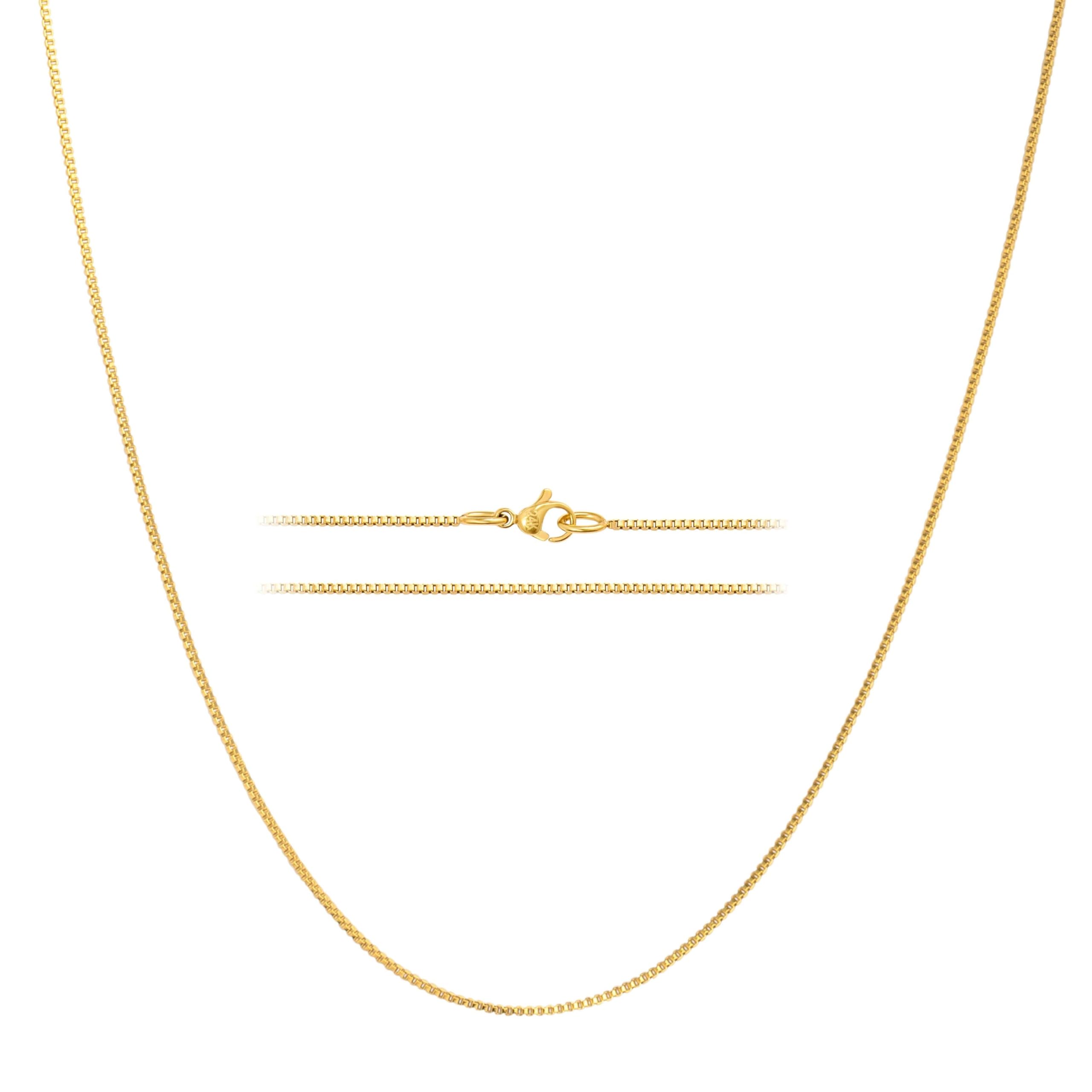 KISPER 24k Gold Over Stainless Steel 1.2mm Thin Box Chain Necklace, 22 inch
