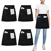 umboom 4 Pack Short Server Waitress Chef Apron, Black Waist Aprons with 3 Pockets for Women Men, Half Apron for Waiter Cooking Dishwashing Cleaning Painting Gardening Barbecue (Polycotton - Black)