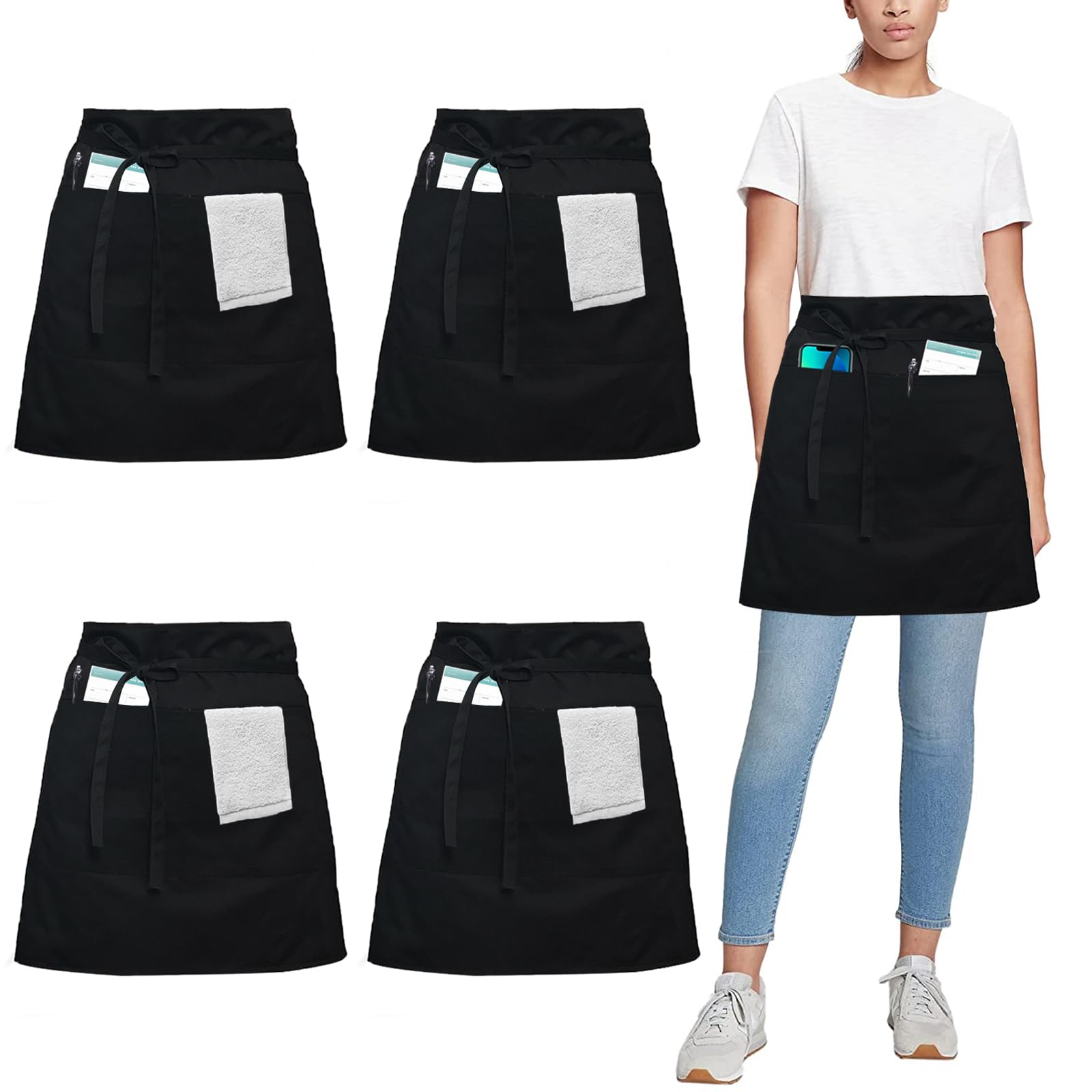 umboom 4 Pack Black Chef Apron, Short Waist Apron with 3 Pockets for Women Men Waiter Waitress Restaurant Bar Cafe Shop Work Clean Garden Catering Cooking Baking (Polycotton - Black)