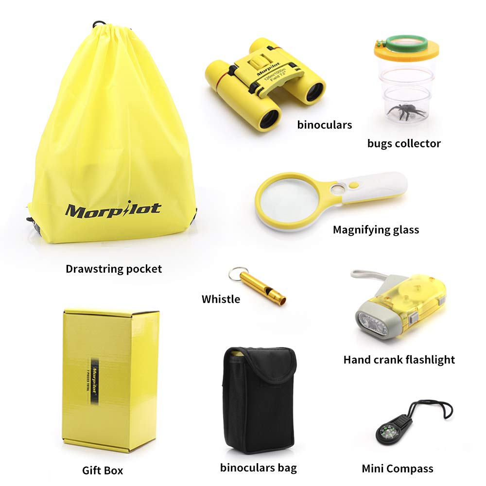 Morpilot Kids Explorer Kit Adventure Toys Christmas Birthday Gifts- Binocular,Flashlight,Compass,Magnifying Glass,Whistle,Bugs Collector and Drawstring Backpack for 3-10 Years Old Boys Girls Camping and Hiking Bird Watching