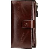 Itslife Womens Wallet RFID Blocking Large Capacity Luxury Wax Genuine Leather Wallets Clutch Wallet Ladies Card holder, Coffee