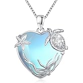 CRWENG Sea Turtle Necklace for Women 925 Sterling Silver Heart of the Ocean Moonstone Pendant Necklace Turtle Moonstone Jewelry Gift for Wife Mom
