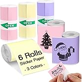 6 Rolls Colored Printer Paper, Self-Adhesive Thermal Paper with Black Character on Yellow/Purple/Pink Color Paper for Printer, 57mm x 25mm Sticker Printer Paper, 3 Color Thermal Labels