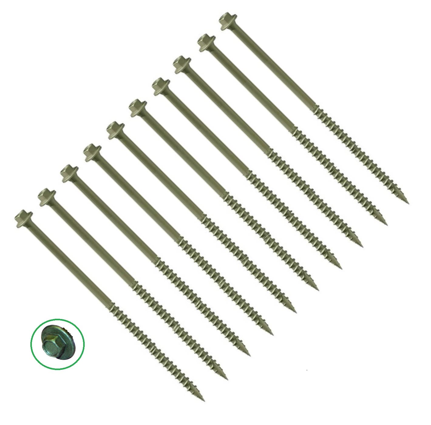TERF® Landscape Hex Washer Head Screws 7.0 X 150mm Hex Flanged Head Drive Green Finish Anti Corrosion Screw 7.0 X 150mm For Outdoor Timber Frame Construction Landscape Screw - Pack of 10