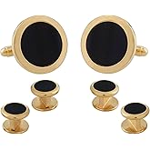 Mens Round Black Onyx Gold Cufflinks Studs Tuxedo Formal Set with Presentation Box