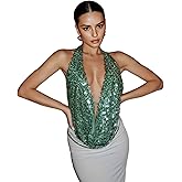 Women Sexy Halter Deep V Cowl Neck Sparkling Sequin Open Back Crop Cami Top Clubwear Rave Outfits