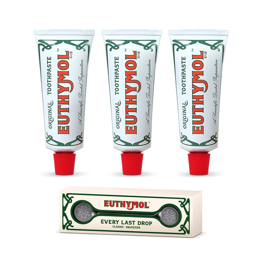 Euthymol Original Toothpaste Set-Toothpaste Squeezer+3xToothpaste 75ml, No Fluoride, Anti-Plaque, Antibacterial, Cavity Protection, Teeth & Gums Clean and Healthy, Cool Mint Refresh, Daily Oral Care