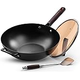 SUMEIGUAN 13.5" Carbon Steel Wok Pan - Pre-Seasoned Flat Bottom Woks & Stir-fry Pans Chinese Cookware with Lid & Spatula - For Pan-fry,Stir Fry, Steam, BBQ & Camping - Compatible with Induction, Gas