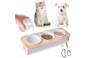 FUNACAY 3 Elevated Cat Food and Water Bowl Set with Stand,15°Tilted Raised Pet Bowlfor Kittens/Puppy with 3 Ceremic Dishes, Indoor Cat Food Bowl，Anti-Vomit & Whisker Fatigue Relief, Dishwasher Safe