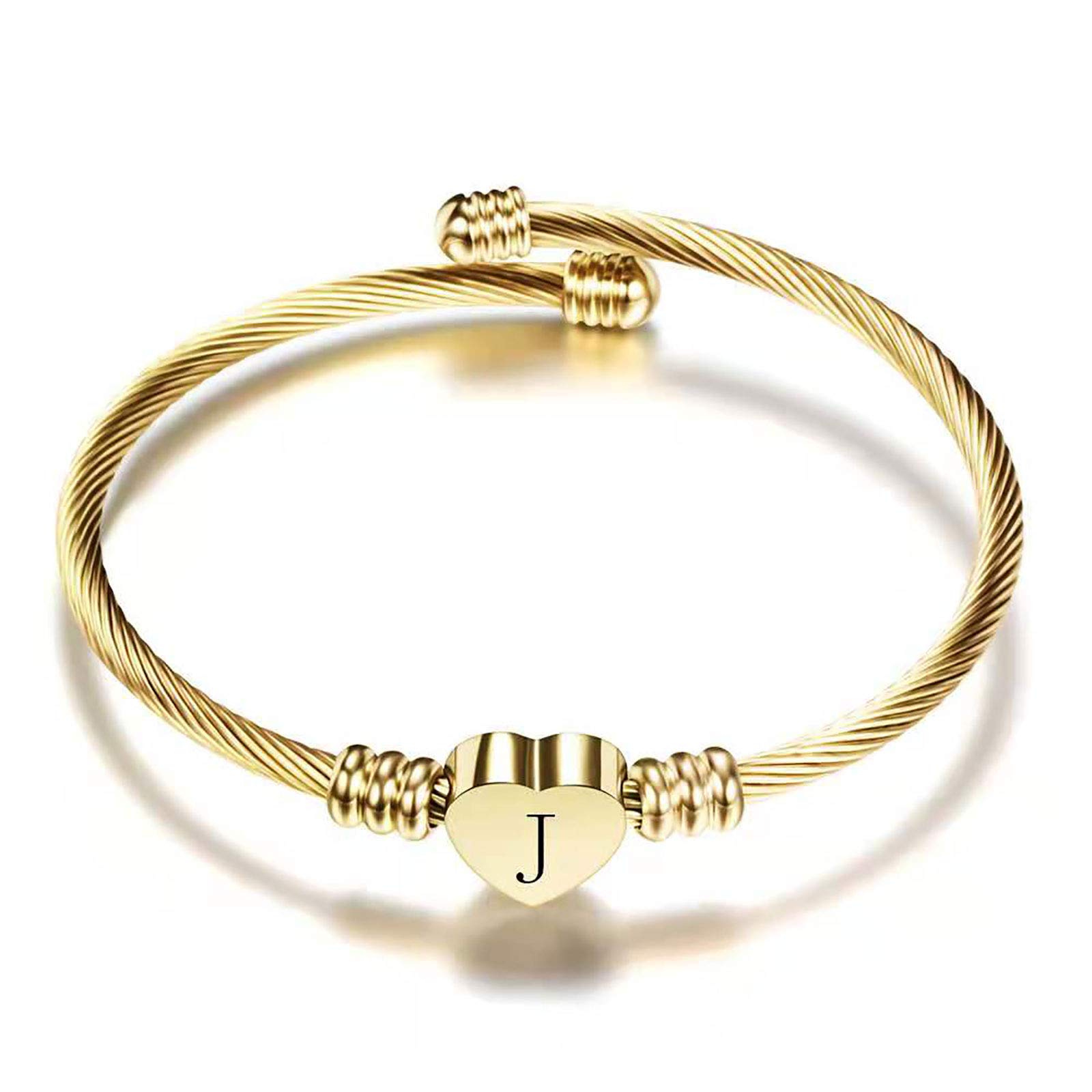 KunBead Jewelry Mum Nan Initial Letter J Cuff Bracelet Gold Alphabet Heart Bangle Bracelets Gift for Birthday for Women Girls