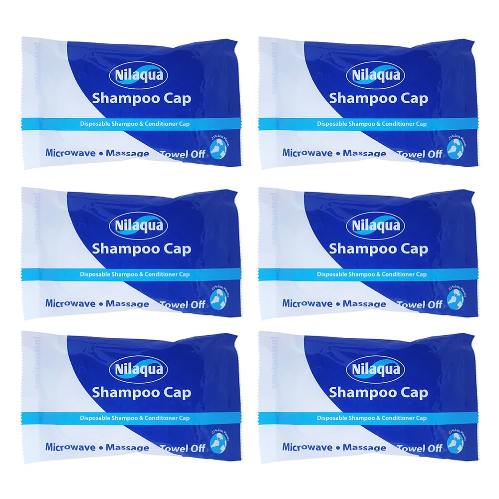Nilaqua Rinse Free Shampoo Cap, No Shower Required, Nourishing Soft & Kind Vegan Friendly & Paraben/Latex Free, No Rinse Shampoo Caps for Elderly | Just Microwavable, Apply and Towel off | 6 Pack