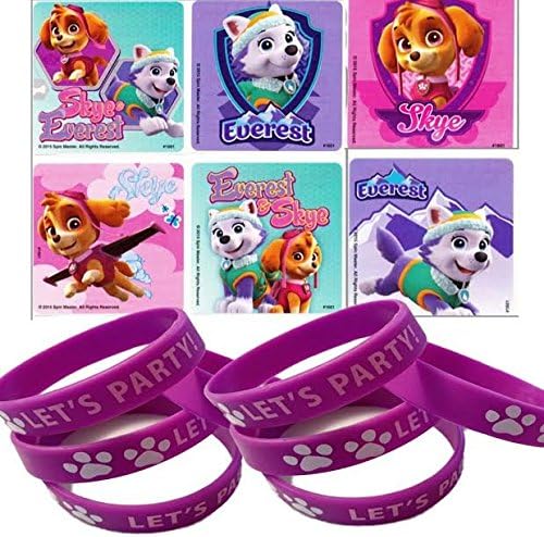 24 Girl Pups Party Favor Stickers &amp; 12 Purple Paw Youth Wristbands
