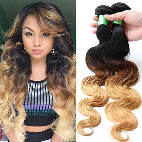 Prettiharr Brazilian Ombre Virgin Hair Body Wave Weft Mixed Bundles 100% Human Hair Extensions #1b/4/27 Color (16 18 20 inch)