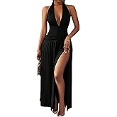 SweatyRocks Women's High Slit Ruched Sheer Sleeveless Low Cut Halter Maxi Dresses