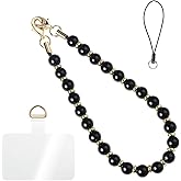 Handmade Beaded Charm Cell Phone Camera Lanyard, Wrist Strap with Natural Gemstone Beads,Phone Chain String, Keychain Decor for Wallet (Obsidian)