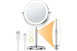 Gospire 7" Lighted Makeup Mirror with Magnification 10X/1X, Height Adjustable & 3 Color Dimmable Lights, 360° Swivel Double Sided Light up Rechargeable LED Cosmetic Vanity Cordless Standing Mirror
