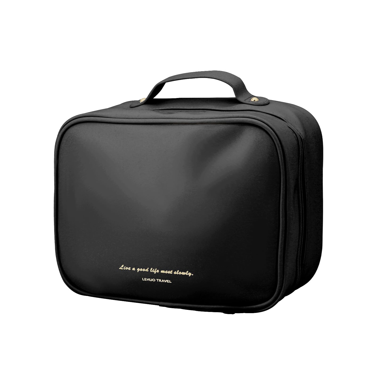 MENRU Travel Makeup Bag Large Capacity Cosmetic Organizer Waterproof Leather Toiletry Bag with Brush Holder and Handle Portable Cosmetic Storage Bag for Women Girls Gift, Black