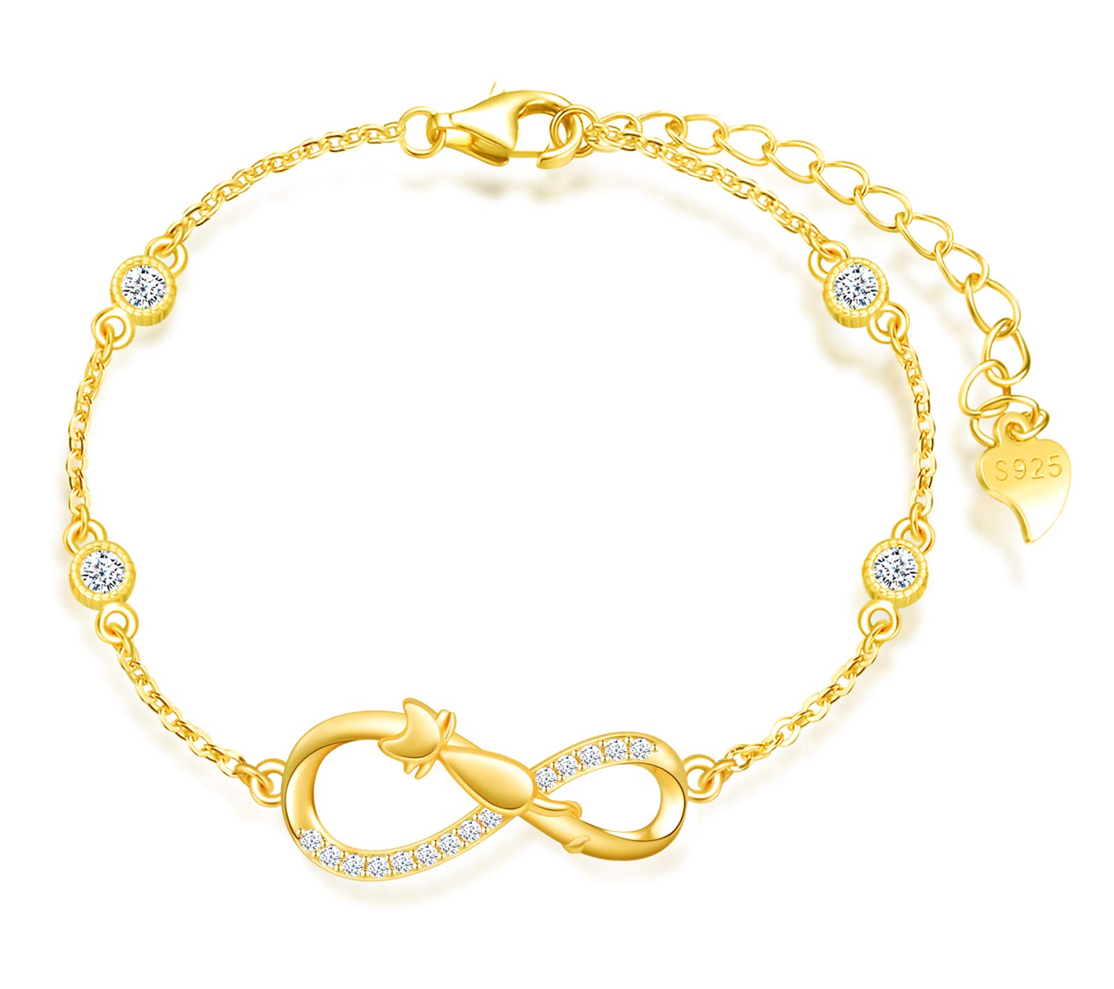 MicLee Woman's girl's Bracelet, 925 Sterling Silver bracelet, Cat and infinity symbol bracelet, Inlaid with zircon, adjustable chain, Unique design animal bracelet, gold