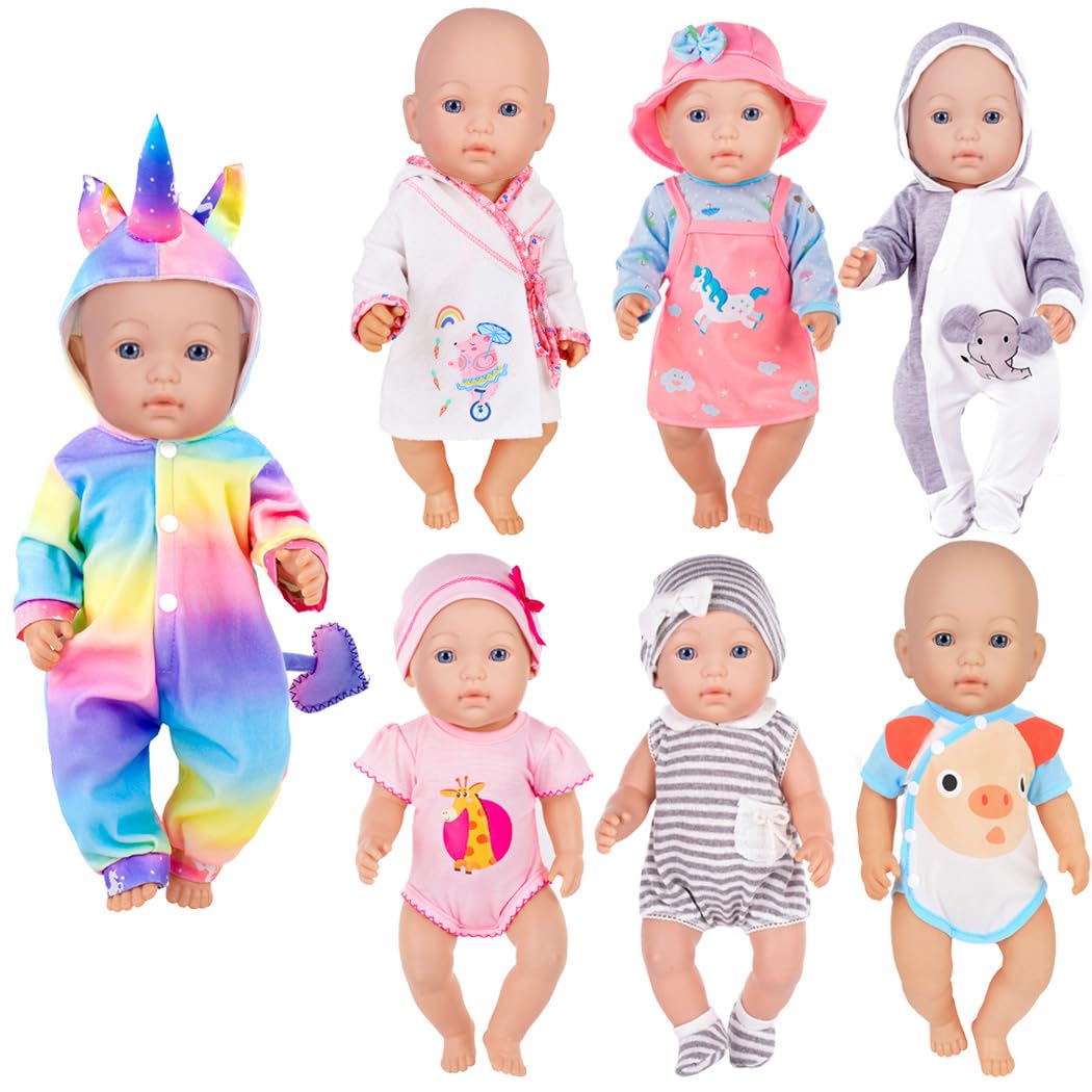 7 Sets Doll Clothes Accessories for 43cm 17 inch Baby Dolls include Cartoon Style Rompers, Dress, Night-gown and Hat (No Doll)