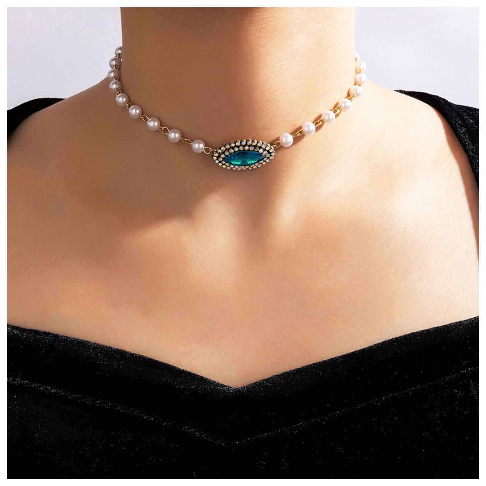 Cimenexe Bohemian Emerald Crystal Choker Necklace Gold Pearl Rhinestone Necklace Pearl Station Necklace Chain Vintage Crystal Clavicle Necklace Jewelry for Women and Girls