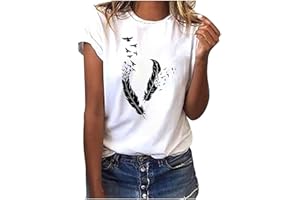 ATTINE Plus Size Tops for Women, Womens fether Pattern Print Solid Color Shirts Short Sleeve Blouse Crewneck Fashion Tops