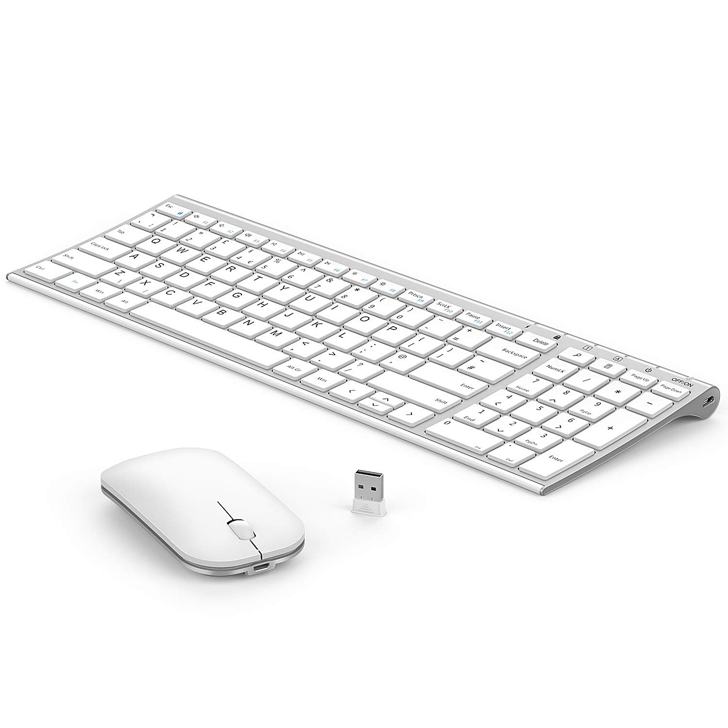 seenda WGJP-031B Wireless Keyboard Mouse Set, Ultra Thin Compact Rechargeable Aluminum Silent Computer Keyboard & Mouse Combo UK QWERTY Layout for Office, Home, Business, Silver White