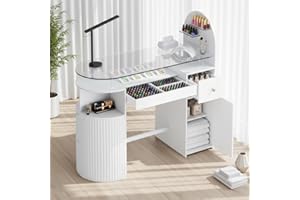 HOLAINAIL Manicure Table Nail Station with Tempered Glass Top, Professional Nail Tech Desk with Storage Cabinet & Drawer, Acetone Resistant, for Nail Beauty Salon Workstation(White)