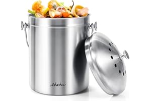 Abakoo Stainless Steel Compost Bin - 1.3 Gallon Premium Grade 304 Stainless Steel Kitchen Composter - Includes 4 Charcoal Filter, Indoor Countertop Kitchen Recycling Bin Pail