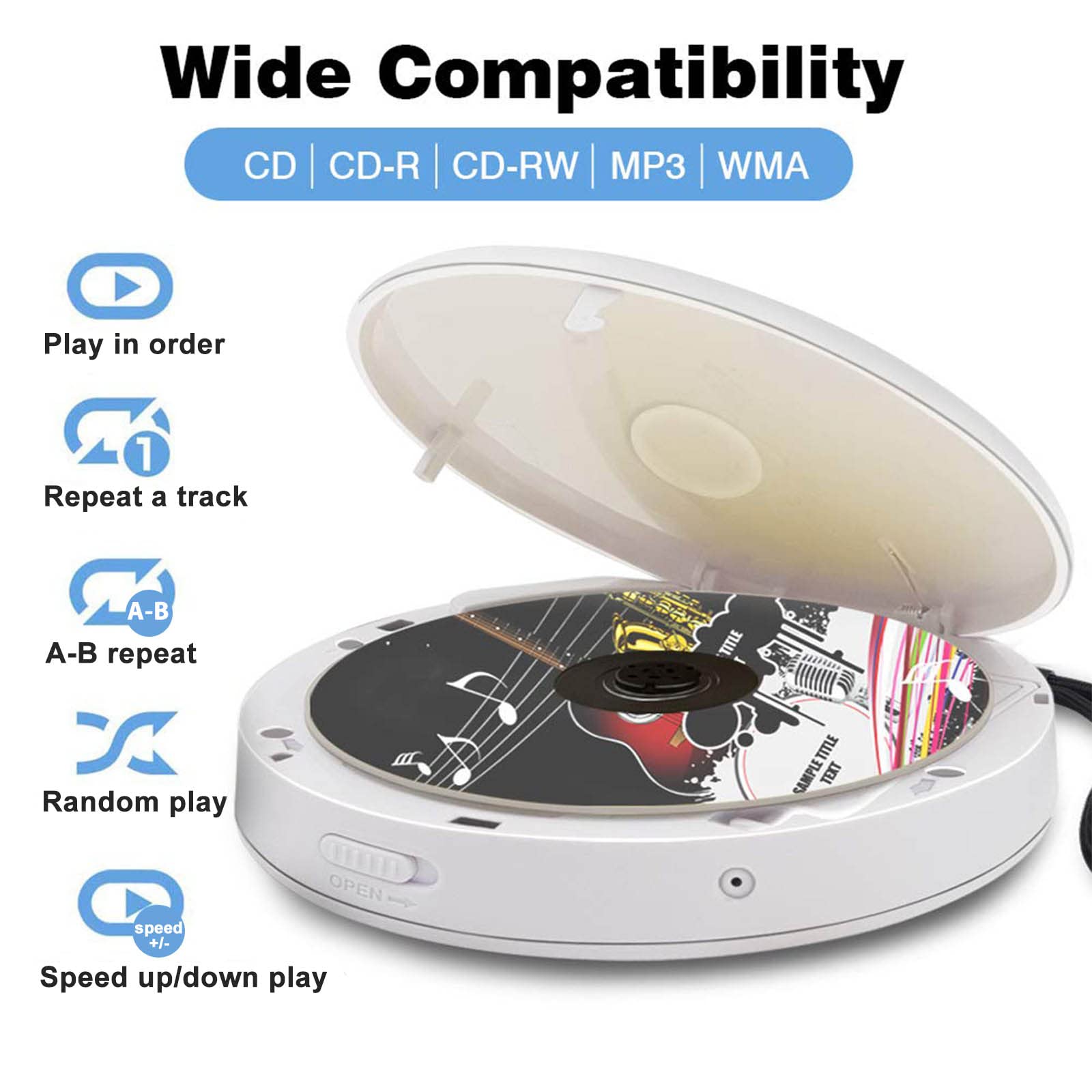Lukasa Portable Bluetooth CD Player Built-in Speaker Stereo, Personal Walkman MP3 Players Rechargeable Compact Car Disc CD Music Player USB Play Anti-Shock Protection (White)