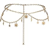 Andibro Double Layer Gold Metal Chain Belt for Women, Adjustable Sun Moon Star Waist Chain Link Belt For Dresses Jeans, Fits Waist 24-45 Inches
