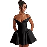 Suillty Women's Elegant V Neck Off Shoulder Homecoming Mini Dresses A-Line Backless Puffy Dress for Party Cocktail