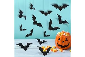 LEESKY 24Pcs Black Halloween Hanging Bats Outdoor Decorations, Outdoor Hanging Bats Halloween Decorations for Hanging The Tree, Porch, Yard, Lawn
