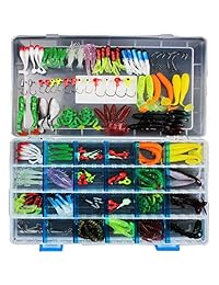 Juego de señuelos de pesca Skysper con caja de aparejos, cebos artificiales de pesca de mar y río incluye lentejuelas giratorias, gusanos de plástico suave, cebo de manivela, jigs, lures luminosos, lures de agua superior y accesorios