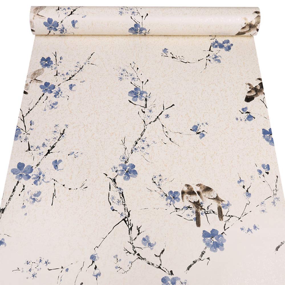 Taogift Peel and Stick Vintage Floral Birds Contact Paper Wallpaper Self Adhesive Shelf Drawer Liner Dresser Decor Sticker (Blue, 17.7x117 Inches)