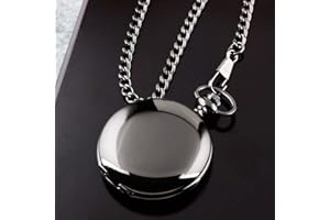 OIFMKC Pocket Watch Retro Black Fashion Silver Smooth Steampunk Quartz Pocket Watch Stainless Steel Pendant 30CM Chain for Me