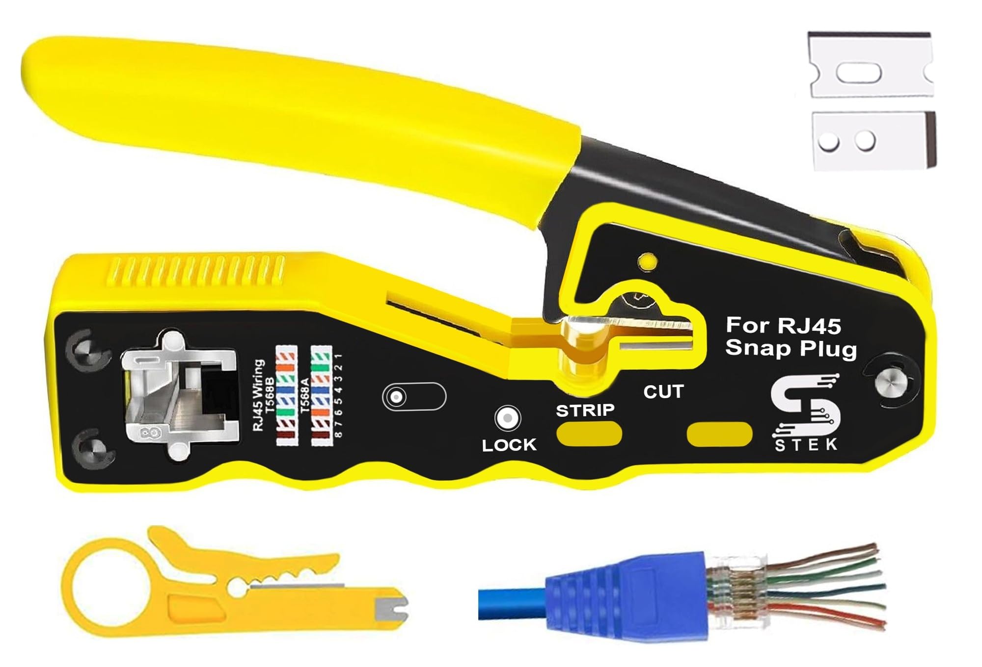 RJ45 Pass Through Ethernet Network Crimping Tool Kit – All in One Passthrough RJ45 Crimper Tool for Cat5, Cat6, Cat7 Cat8e Connectors Cables + 2 Extra Blades – Network Cable Repair Tool Set (Yellow)