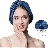SereLune 100% Mulberry Silk Bonnet Sleep Cap, Double Layer Silk Turban/Bonnet, Shower Cap, Adjustable Fit for Night Hair Care, 9 Colors (Navy Blue Bonnet With Adjustable Strap)