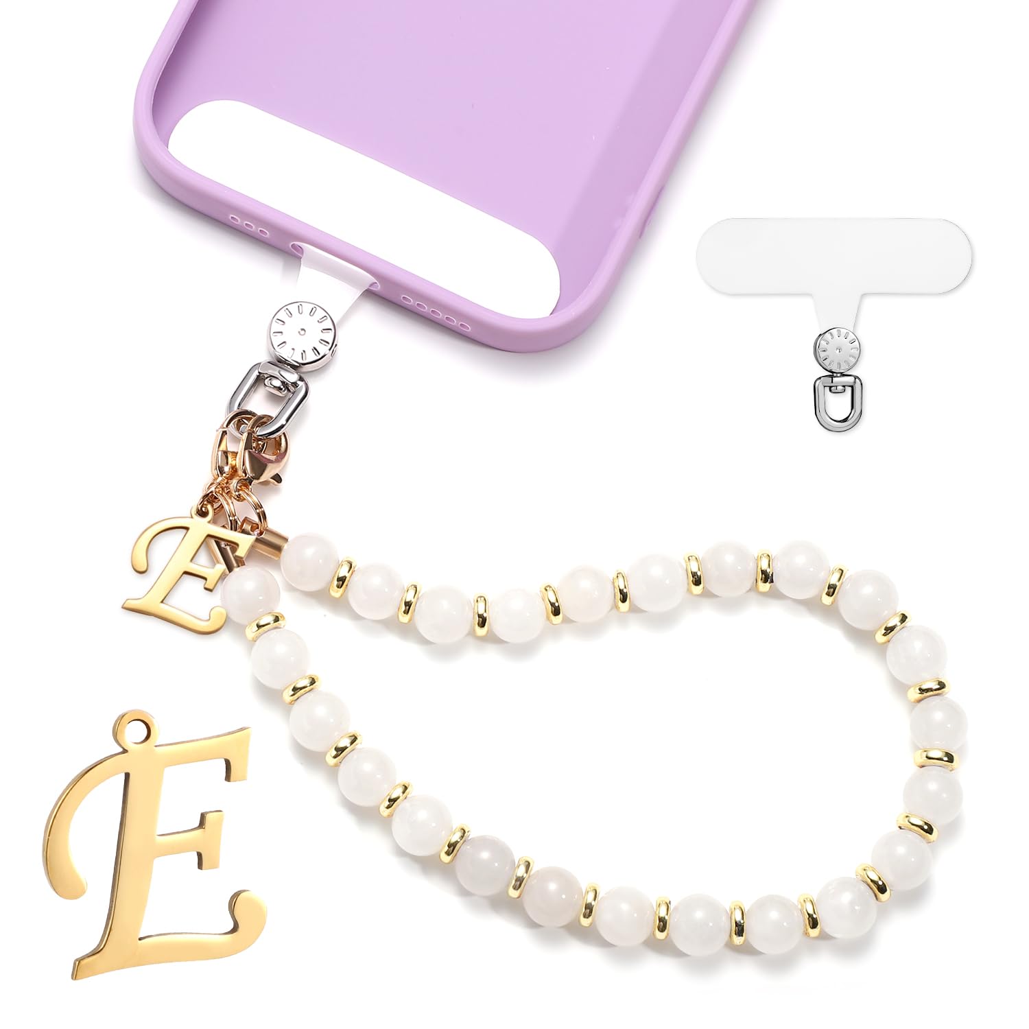 lasuroa 1 Set Beaded Phone Wrist Strap, Initial Phone Charms Detachable Cell Phone Chain Lanyard with Tether Tab Hands-Free Beads Mobile Phone Wristlet Bracelet for Women Girls Gift (Letter E)