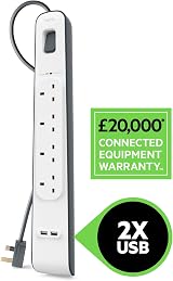 Belkin 4 Way Extension Lead with USB Ports 2.4A Shared 2m Surge Protected view 3
