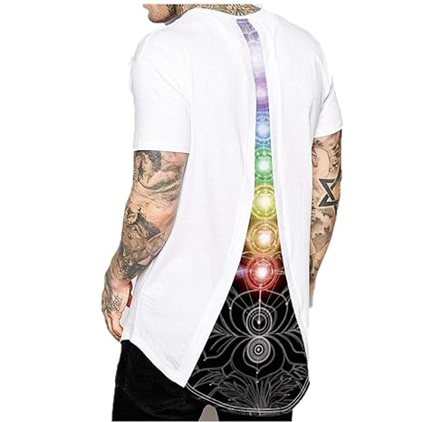 Herren Casual T-Shirt Forh Ripped Loch Kurzarm Top Basic Rundhals Bluse Asymmetrie Splice Lang Hemd Mode Streetwear Männer So