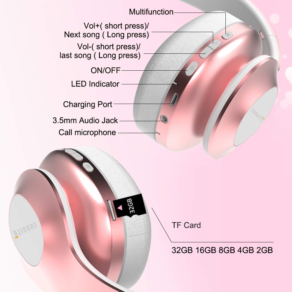 Cuffie Bluetooth 5.0 Senza Fili, Sunvito Pieghevole Auricolari con Mic, Lettore MP3, Radio FM, Wireless e Cuffie Cablate, Christmas Regalo Cuffie Over Ear (Oro Rosa)