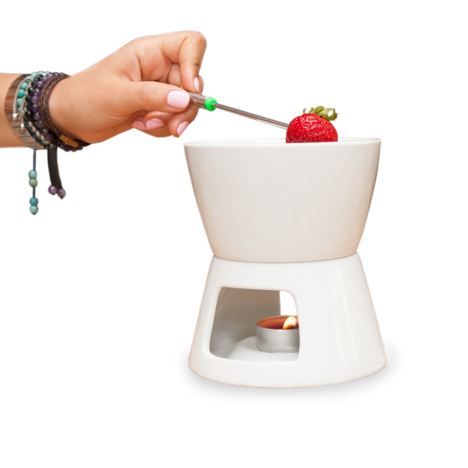 Ceramic Chocolate Fondue Set w/Forks Tea Light Porcelain Melting Pot w/Fondue Dippers Buy