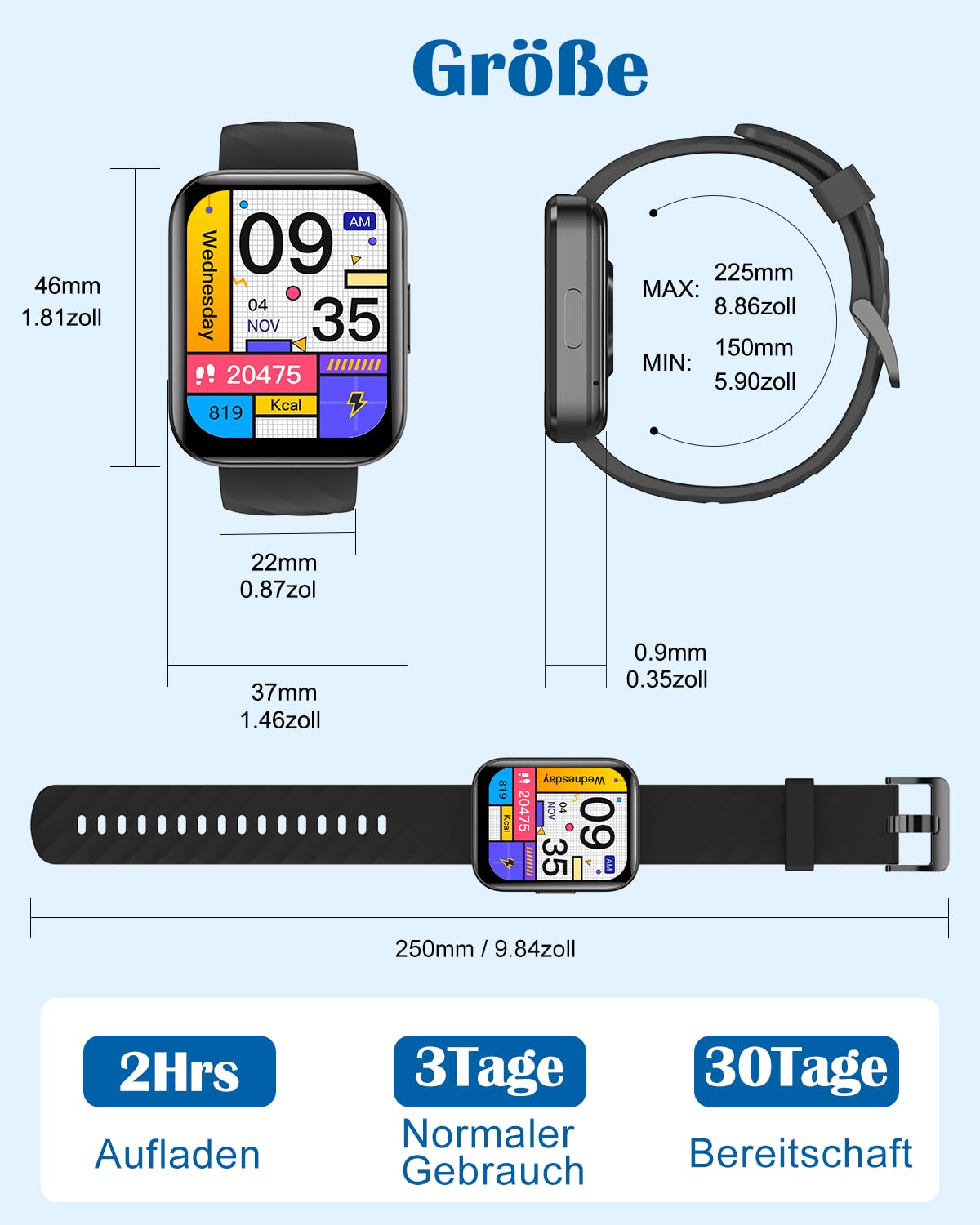 Smartwatch für Damen Herren Bluetooth-Anruffunktion 1.85" HD Fitnessuhr 8