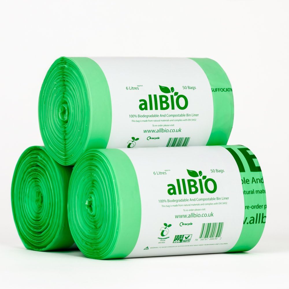 allBIO 6L Extra Thick Compostable Food Waste Kitchen Caddy Liners/Bin Bags - Pack of 150, Green, 1 count (Pack of 150)