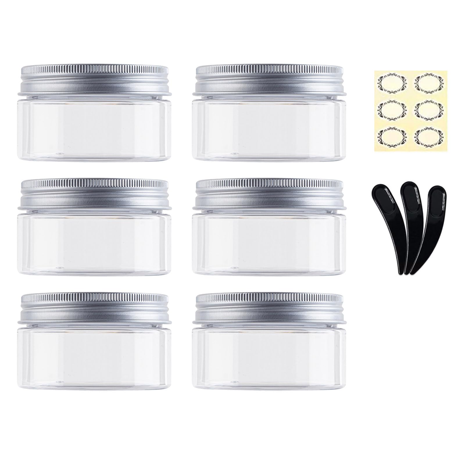 Alledomain 6PCS 100ML Clear Round Cosmetic Containers Cream Jars with Inner Liners & Aluminum Alloy Lids - Travel Jars for Storing Lip, Body Scrub, Lotion, Powder, Ointment, Makeup
