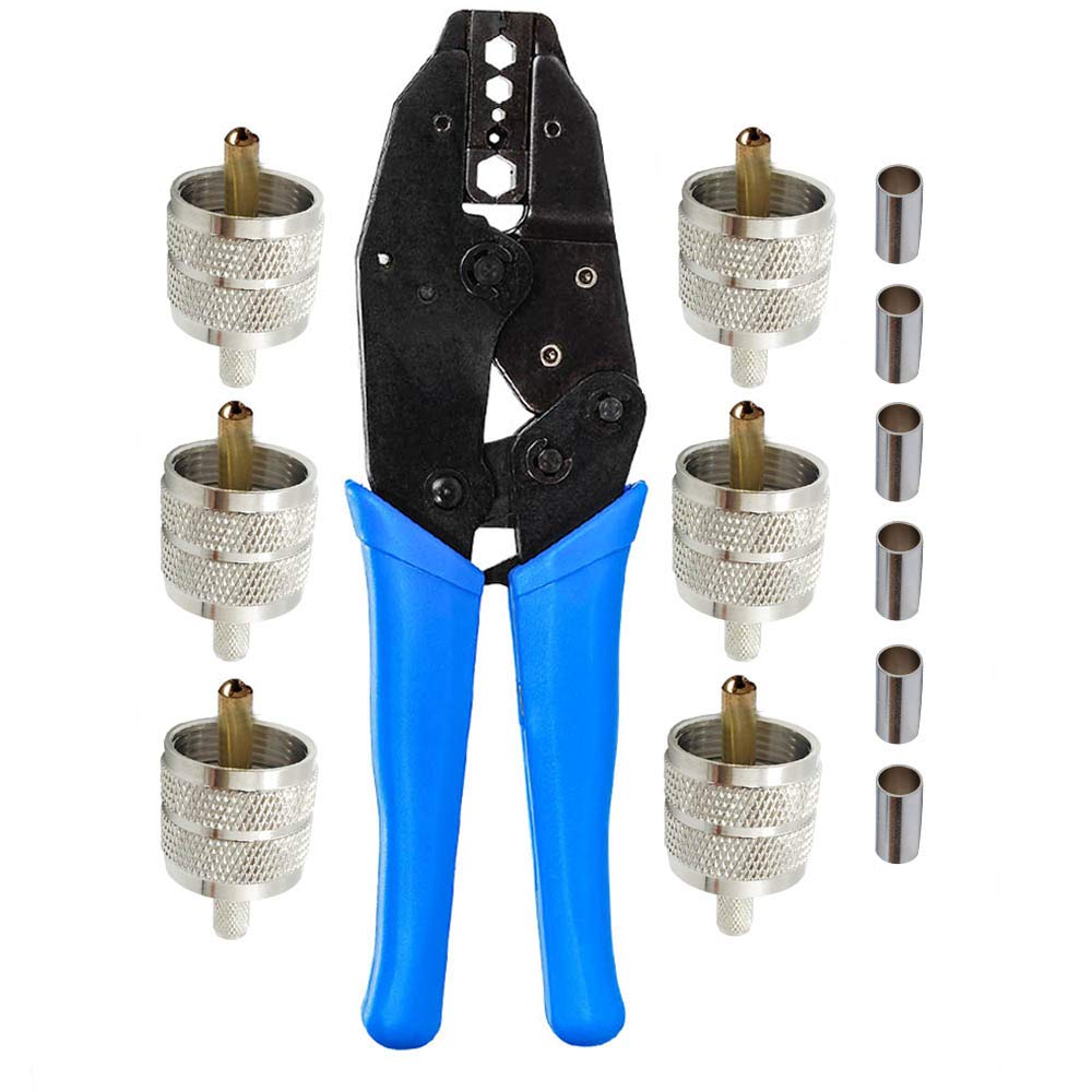 Coax Cable Crimper with 5pcs UHF Male PL259 Crimp on connectors for RG58 LMR195 Cable,Kagni Professional Compression Tool BNC/TNC Ratchet Crimp Plier for UHF Connector and Coaxial Cable