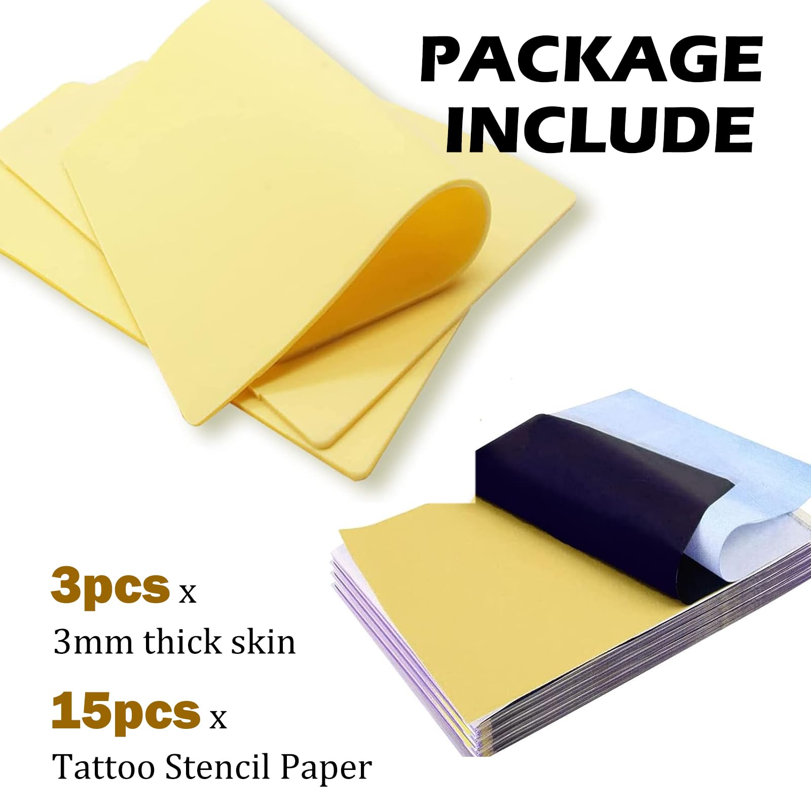 Urknall 3mm Tattoo Practice Kit - 3PCS A4 Size Large Fake Skin and 15PCS Stencil Paper Kit With Thick Thermal Paper