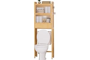 Cozivolife Over The Toilet Storage Cabinet with Drawer and Flip Door, Bamboo Bathroom Organizer Shelf with Anti-Tip Design and Waterproof Feet Pad,Freestanding Rack Above WC Space Saver (Natural)