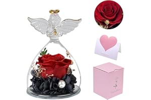RONIAVL Glass Angel Figurine with Roses Gifts, Preserved Forever Real Rose Gifts for Women, Angel Preserved Flowers Rose Guardian Gift (Red Rose)